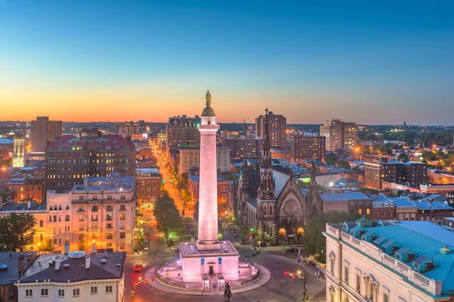 Baltimore cityscape at Mt. Vernon and the Washington Monument