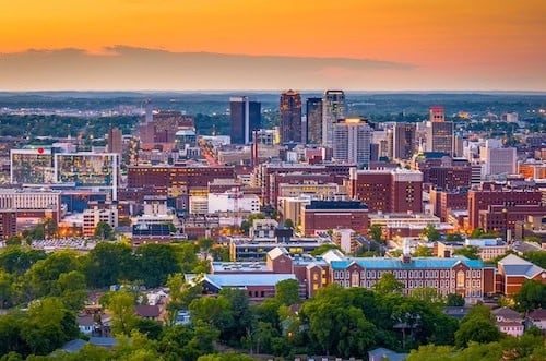 Birmingham downtown skyline from above at dusk