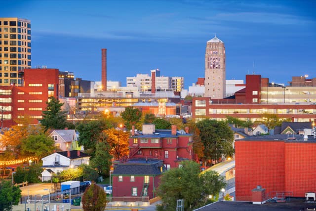 Ann Arbor, Michigan, town skyline in the afternoon