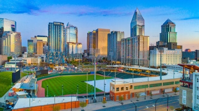 Aerial view of the downtown skyline in Charlotte, NC.