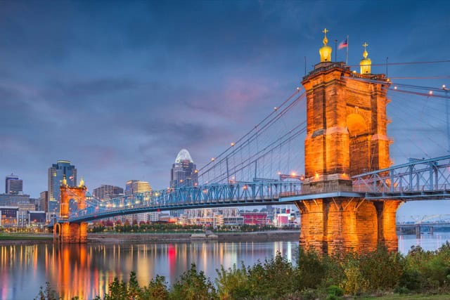 Cincinnati, Ohio skyline on the river at dusk