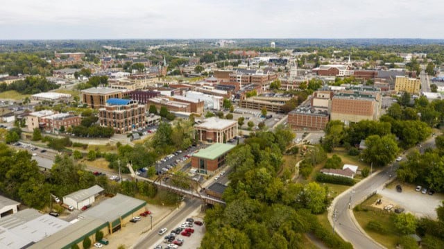 Aerial view of the buildings and infrastructure in Clarksville