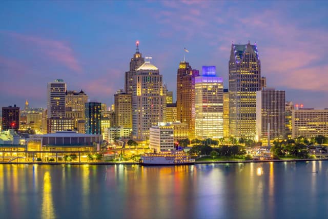 Cityscape of the Detroit skyline in Michigan at sunset
