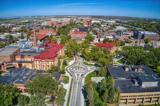 Aerial view of a large public university in Fargo