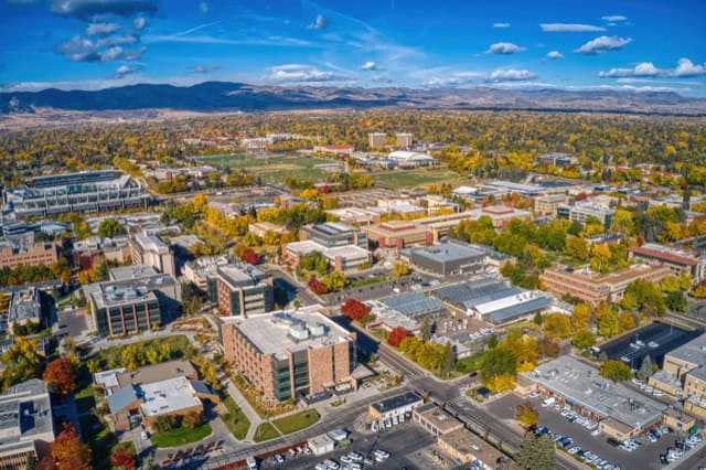 An aerial view of a large university in Fort Collins, Colorado, during the autumn season.