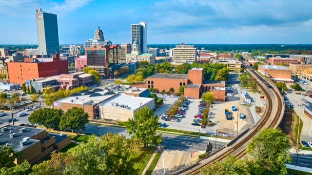 An aerial view of Fort Wayne showcases the city’s vibrant skyline, which features a mix of modern and historic architecture