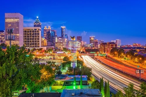 Georgia, USA downtown cityscape at night.