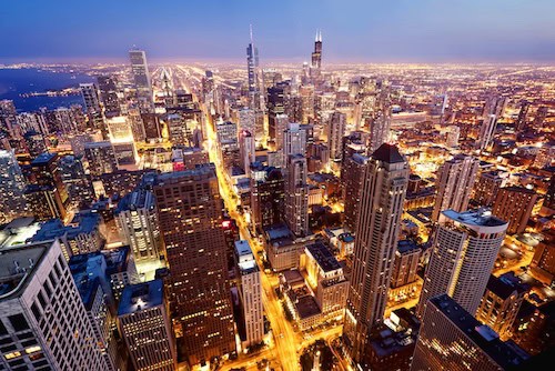 Aerial view of Chicago downtown at twilight from high above.