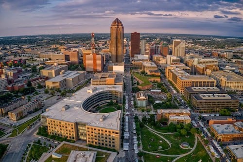 Aerial View of the Des Moine, Iowa Skyline facing West