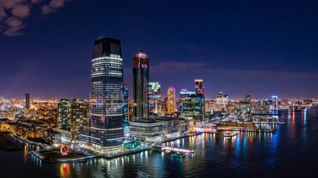Aerial view of the Jersey City skyline at night