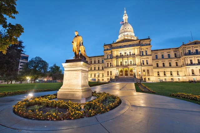 Lansing at the Michigan State Capitol during the evening