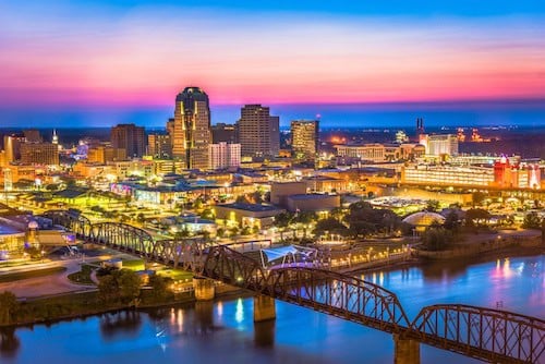 Louisiana, USA downtown skyline on the Red River.