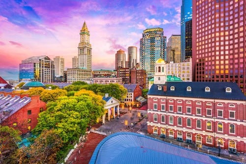 Massachusetts, USA historic skyline at dusk