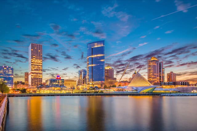 Milwaukee's downtown city skyline on Lake Michigan at twilight