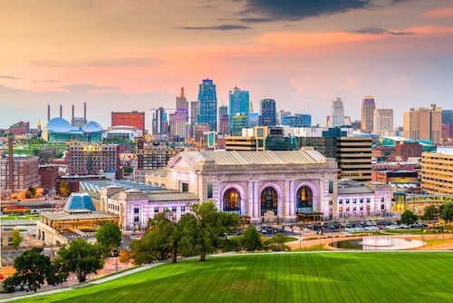 Missouri, USA downtown skyline with Union Station at dusk