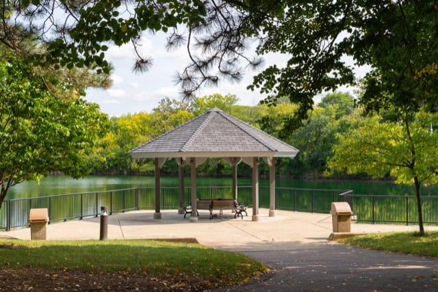The gazebo at Riverwalk Park on a sunny fall afternoon in Naperville, Illinois