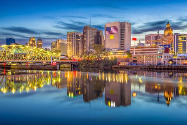 Newark, New Jersey, skyline on the Passaic River at dusk