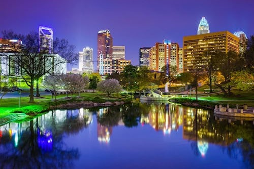 North Carolina, USA downtown skyline at Marshall Park.