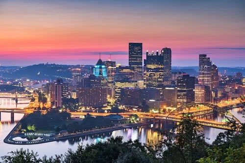 Pennsylvania, USA skyline from the South Side at dusk.