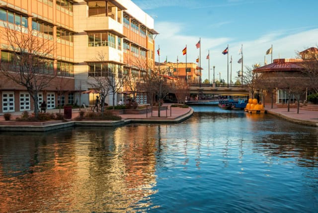 A picturesque view of the Historic Arkansas Riverwalk in Pueblo