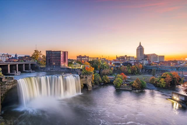Rochester downtown skyline and waterfall