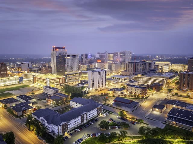 Rochester, Minnesota, downtown cityscape at dawn