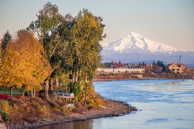The Vancouver Waterfront, located along the Columbia River, offers a stunning view of Mt. Hood in the distance, right in Vancouver, Washington.